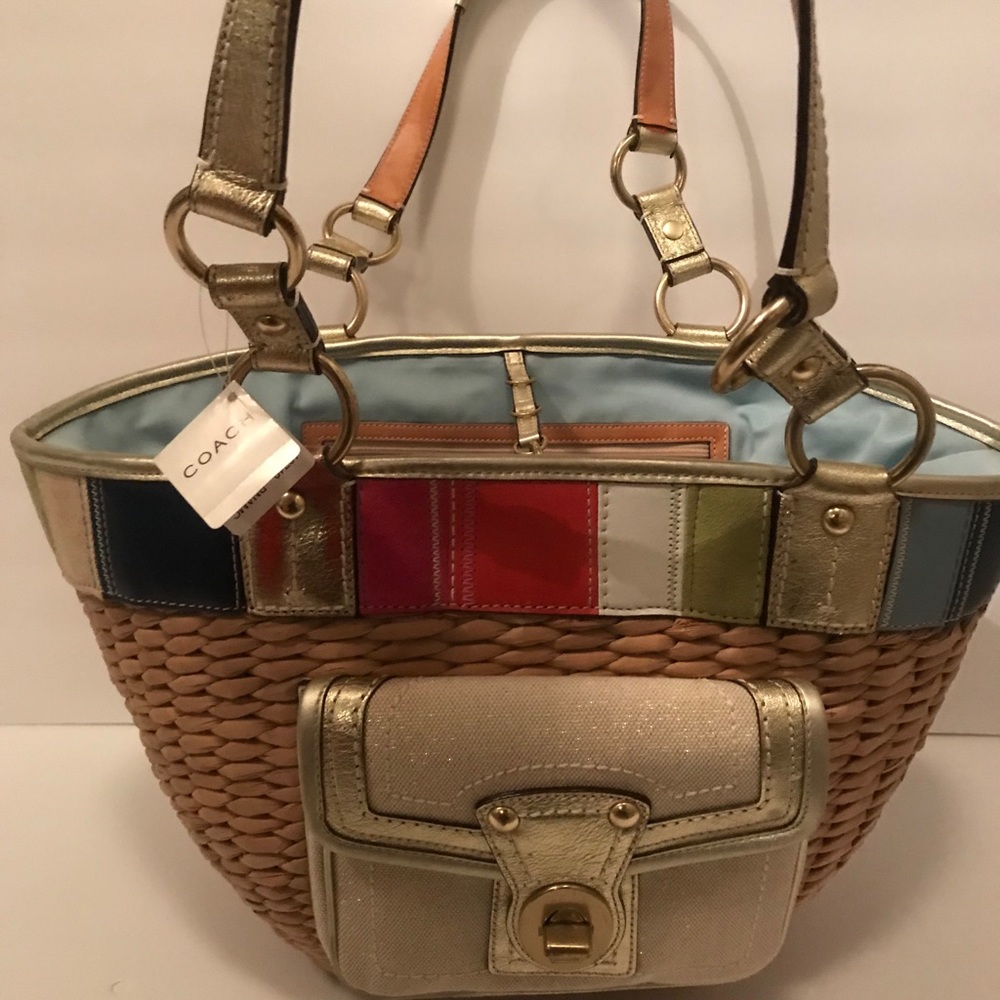 NWT Coach Natural Straw Multi Color Patchwork Bag